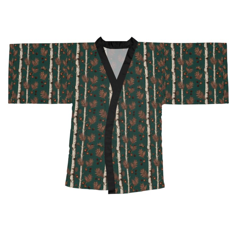 Artful Forest Kimono Robe – Vintage Dark Green Birch & Oak Leaf Pattern
