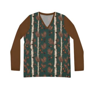 Women’s V‑Neck Long Sleeve — Autumn Birch & Acorns Forest Print