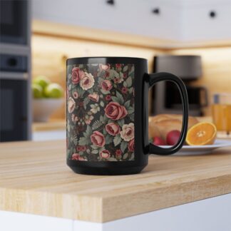 Victorian Rose Garden Black Mug in Romantic Vintage Style — Floral Tea & Coffee Cup (11oz/15oz)
