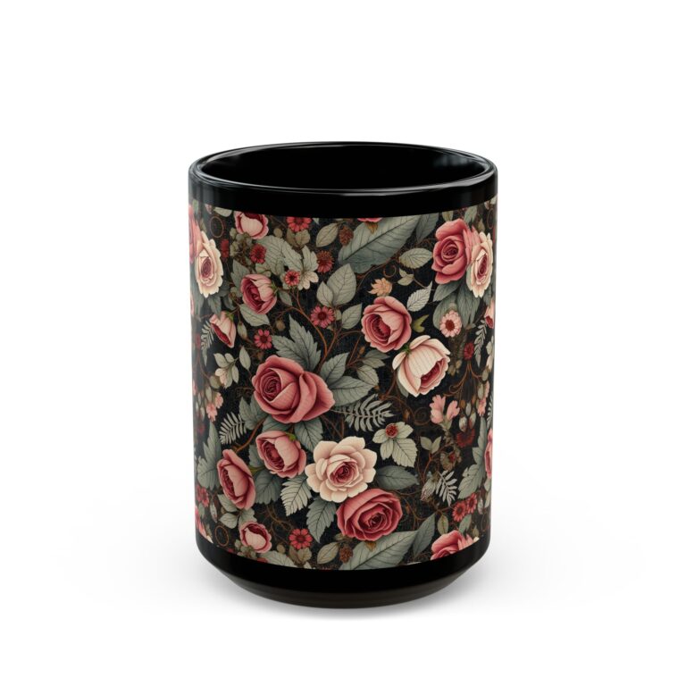 Victorian Rose Garden Black Mug in Romantic Vintage Style — Floral Tea & Coffee Cup (11oz/15oz)