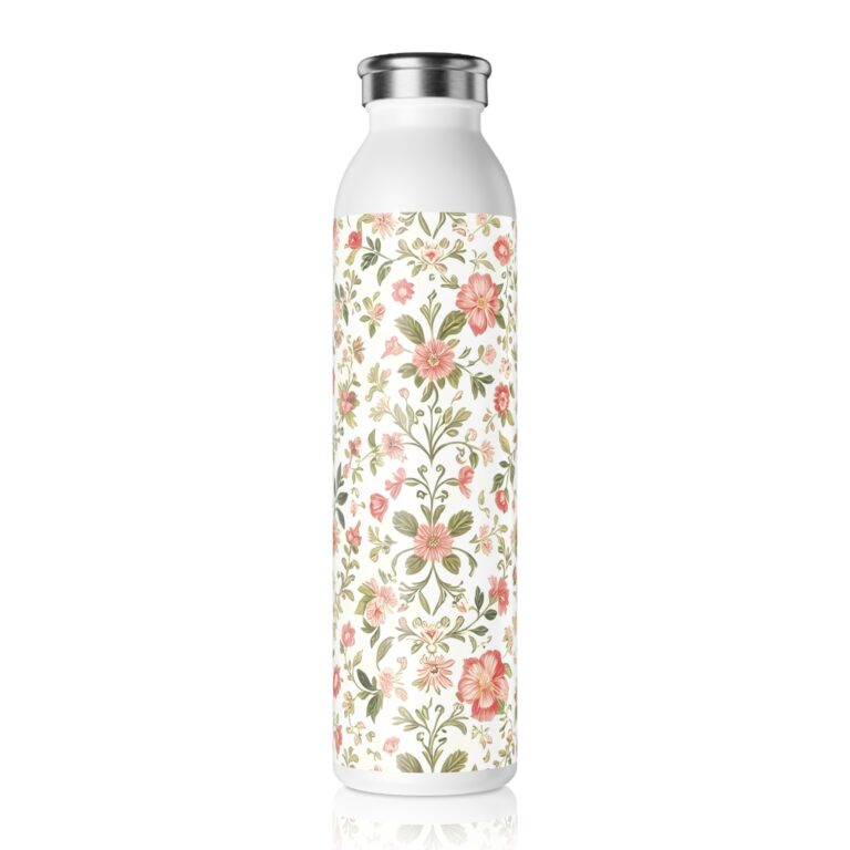Meadow Trail Slim Water Bottle — Vintage Pink Rose Pattern Stainless Bottle