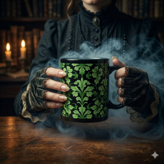 Green Acanthus Floral Black Mug — Decorative Botanical Coffee Cup (11oz/15oz)