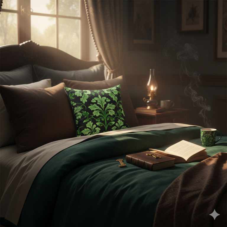 Victorian Midnight Velvet-Soft Pillow — Elegant Green Damask Throw Pillow
