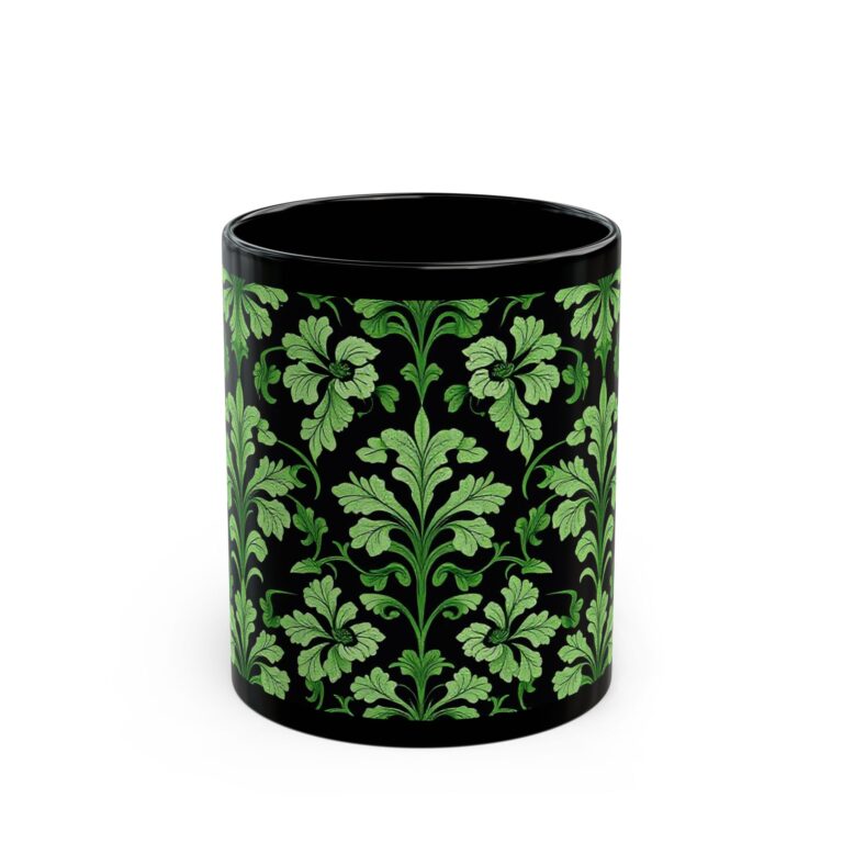 Green Acanthus Floral Black Mug — Decorative Botanical Coffee Cup (11oz/15oz)