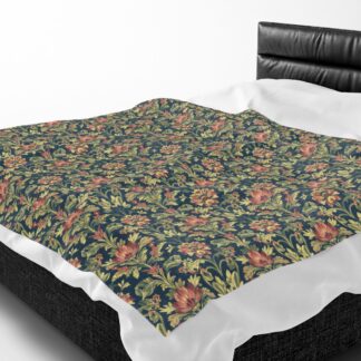 Vintage Floral Velveteen Throw – Midnight Teal & Terracotta William Morris Style Tapestry