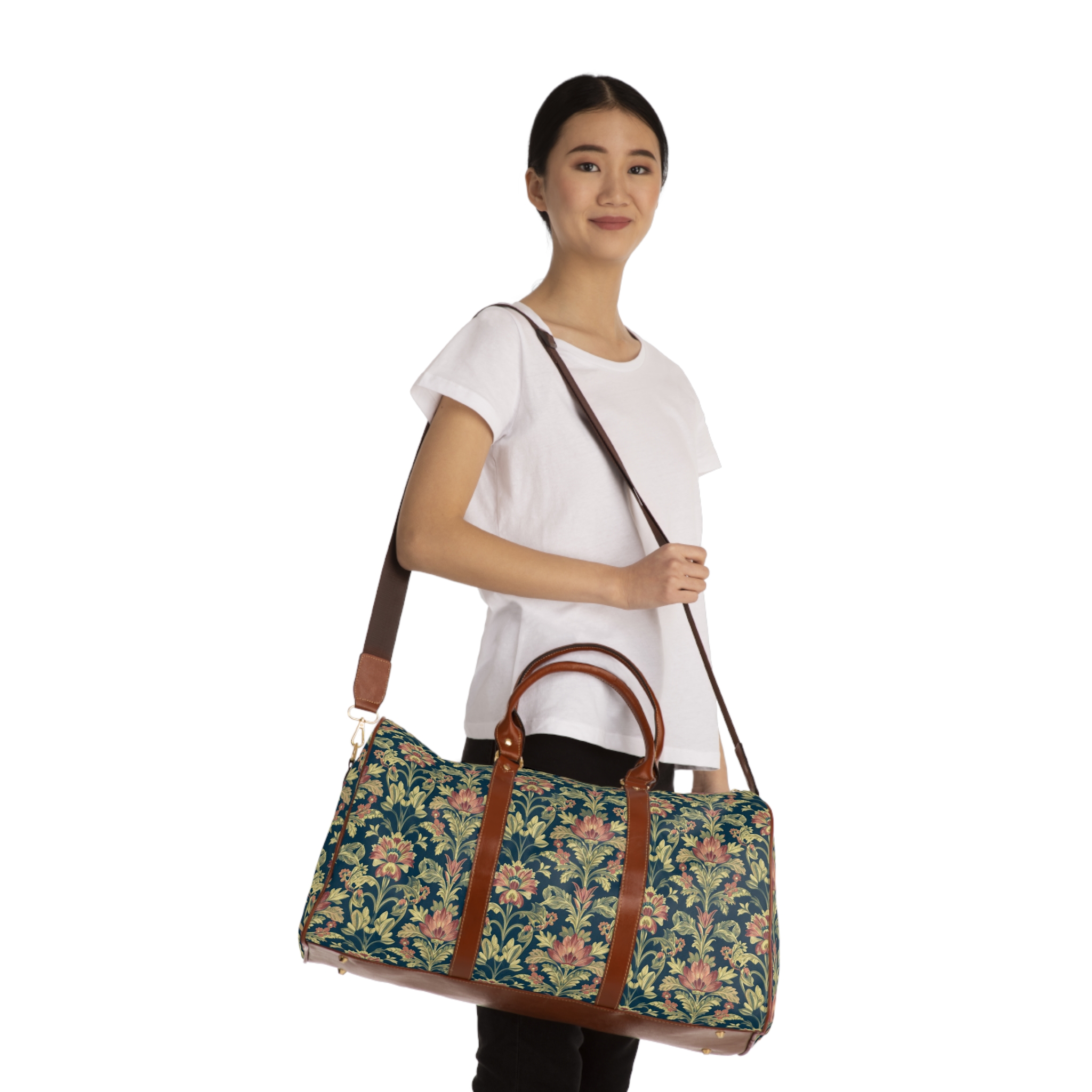 Midnight Teal & Terracotta Vintage Botanical Travel Bag — William Morris Inspired Weekender - Image 8