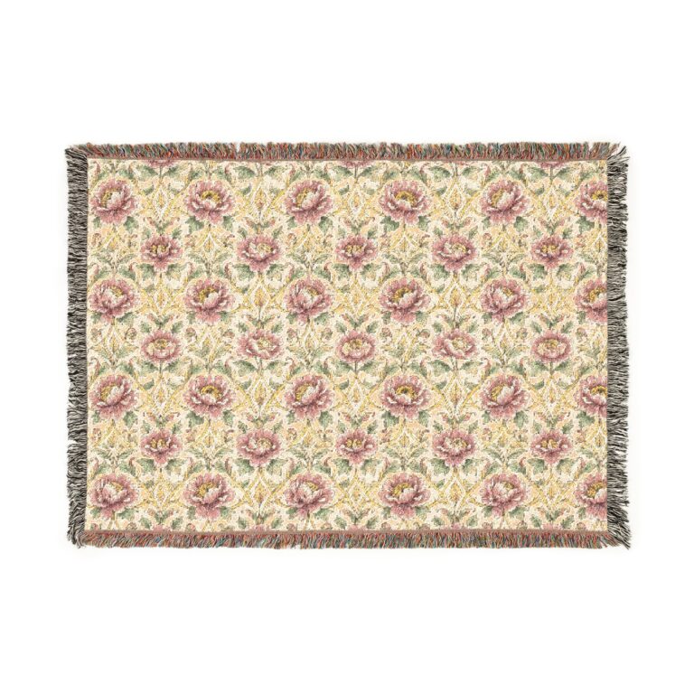 Floral Woven Blanket — William Morris Vintage Peony Pattern Throw