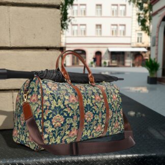 Midnight Teal & Terracotta Vintage Botanical Travel Bag — William Morris Inspired Weekender