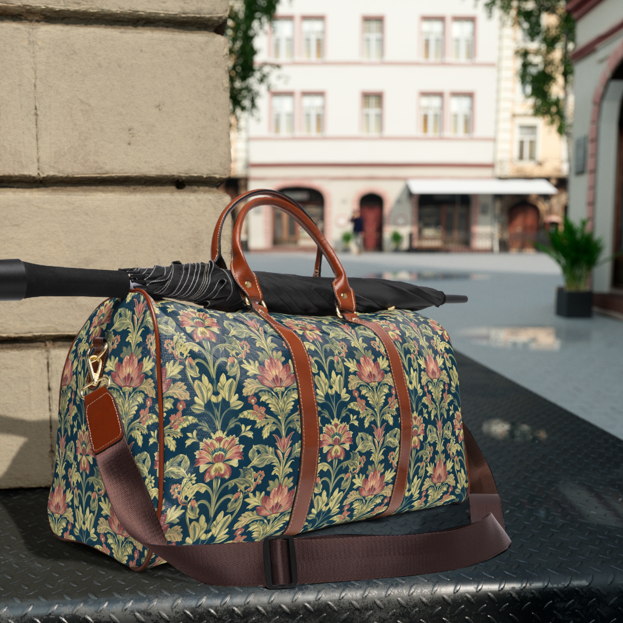 Midnight Teal & Terracotta Vintage Botanical Travel Bag — William Morris Inspired Weekender