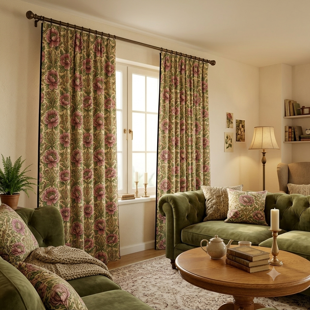 Floral Curtain Panel — William Morris Inspired Vintage Pink Peony Pattern Window Curtain - Image 2
