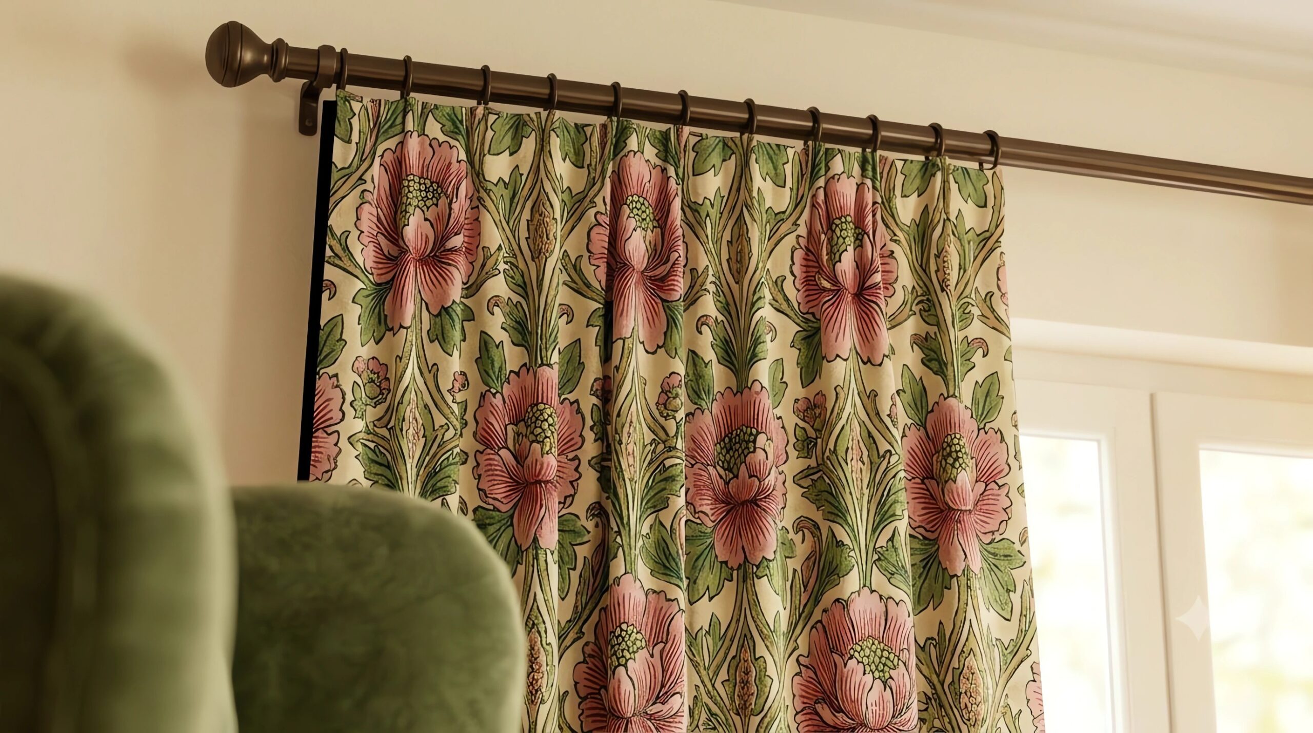 Floral Curtain Panel — William Morris Inspired Vintage Pink Peony Pattern Window Curtain