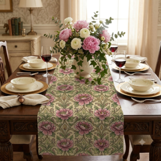 Vintage Floral Table Runner – Pink & Sage Green William Morris Inspired Pattern