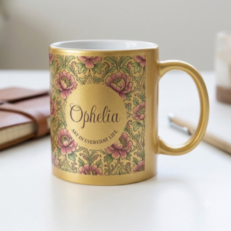 Ophelia vintage gold mug on top of table
