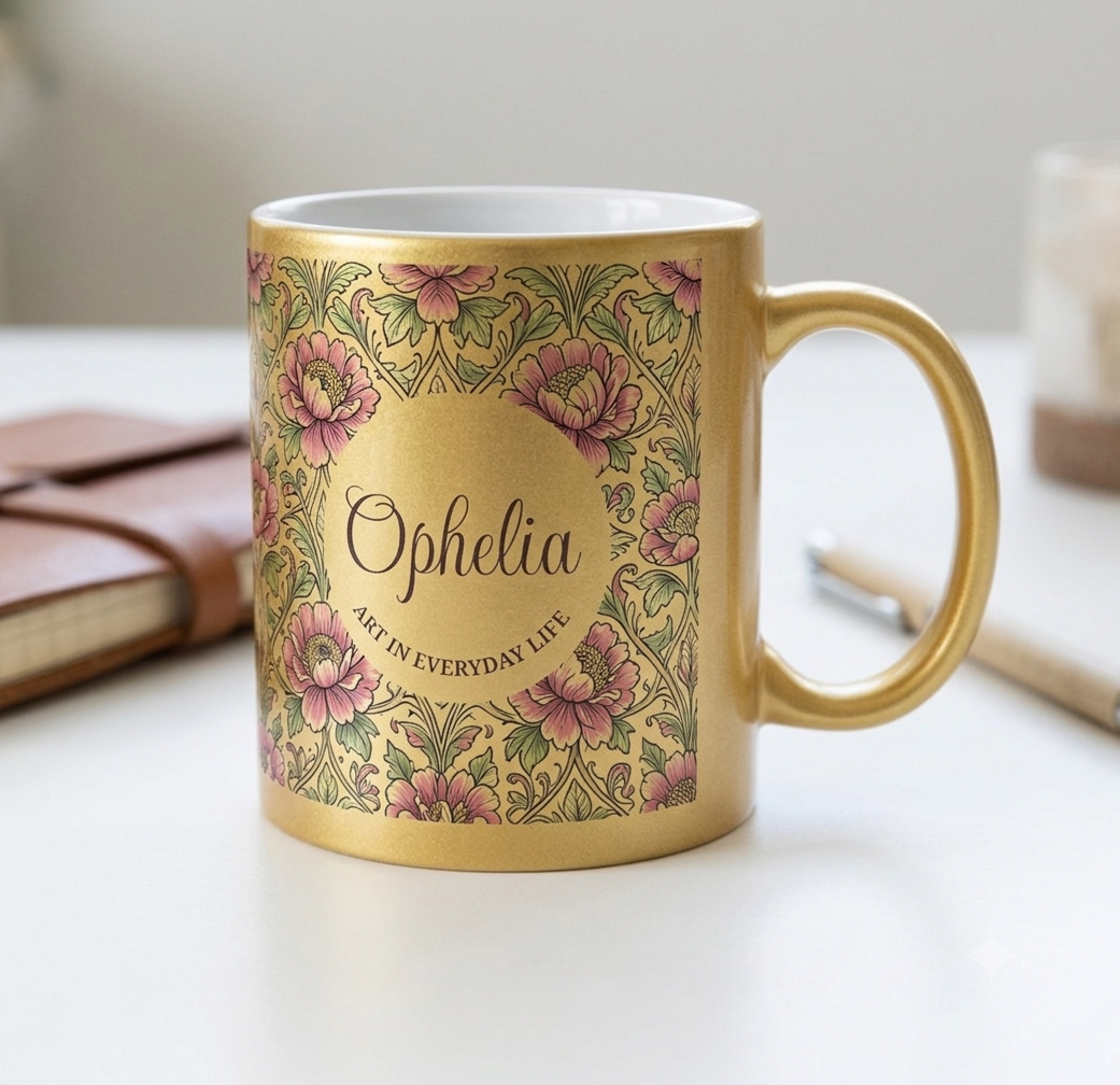 Ophelia vintage gold mug on top of table