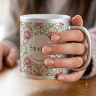 woman holding silver mug with her name print on it