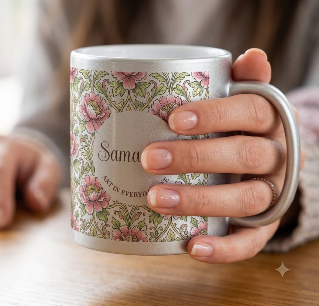 woman holding silver mug with her name print on it