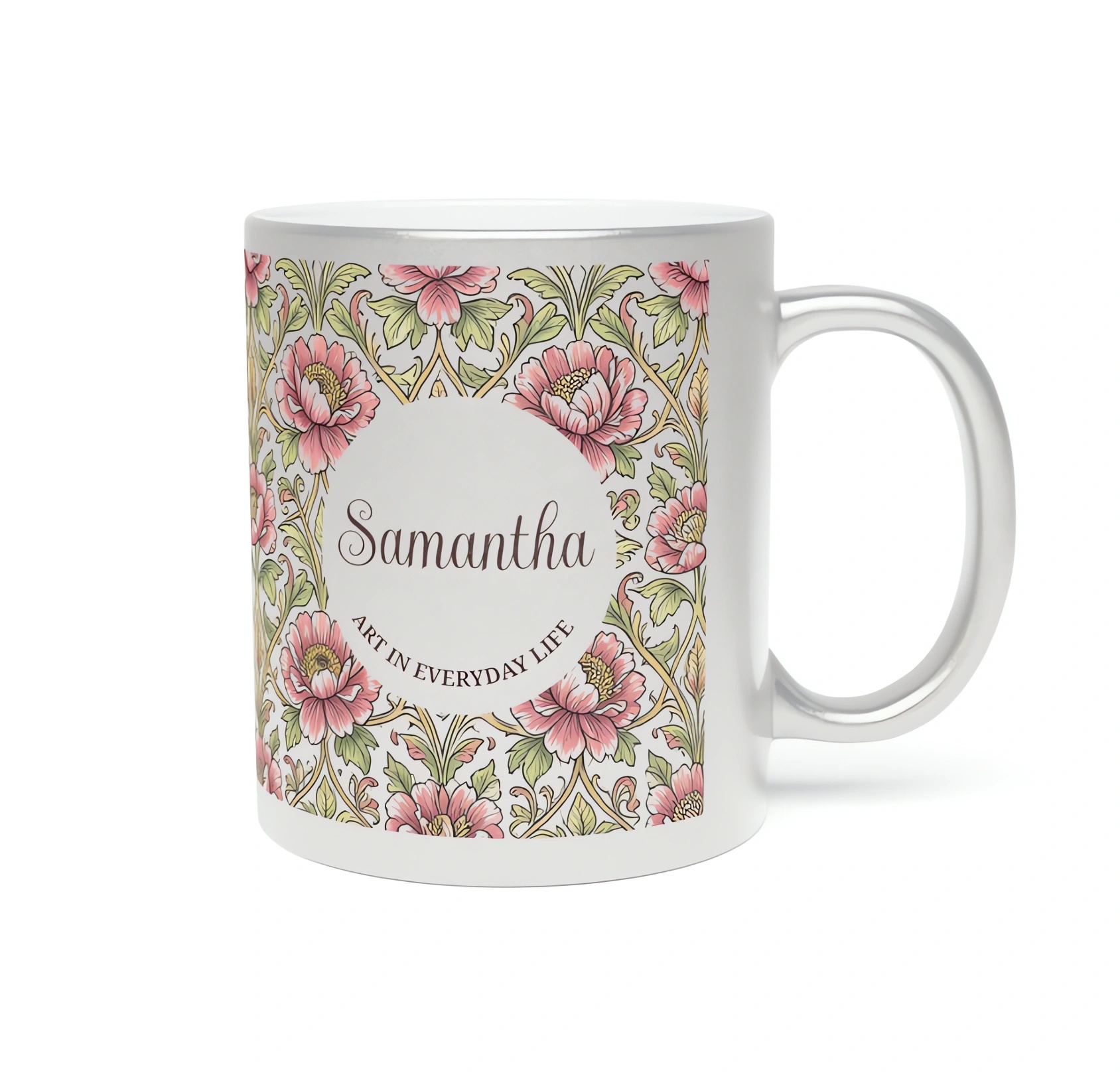silver coffee cup with name print