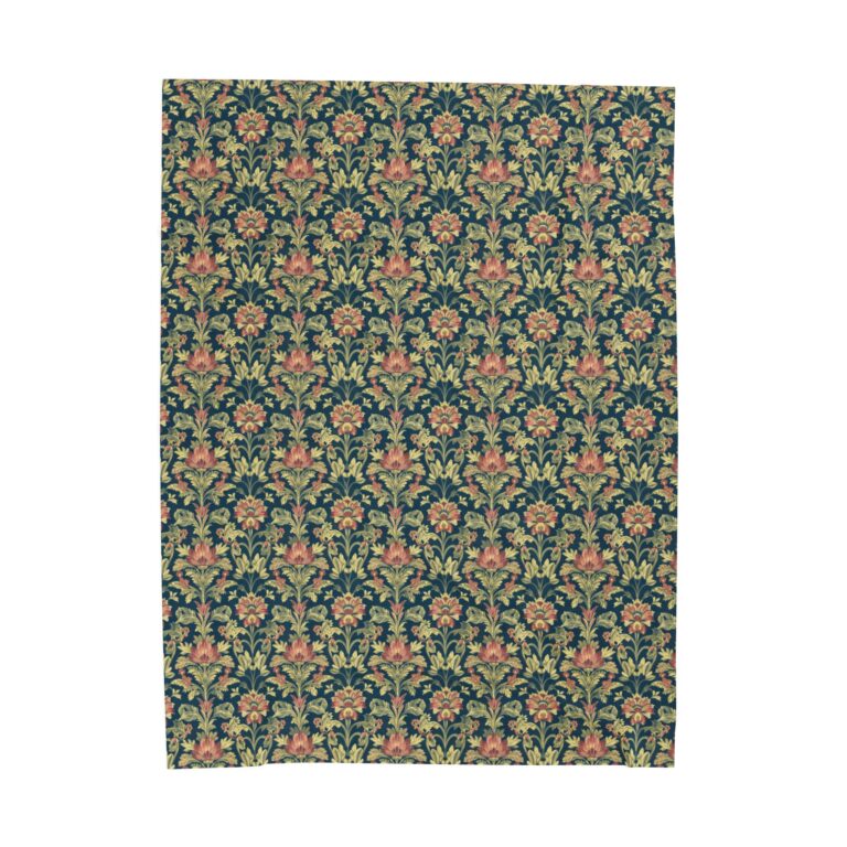 Vintage Floral Velveteen Throw – Midnight Teal & Terracotta William Morris Style Tapestry