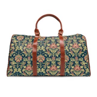 midnight teal & terracotta vintage botanical travel bag — william morris inspired weekender