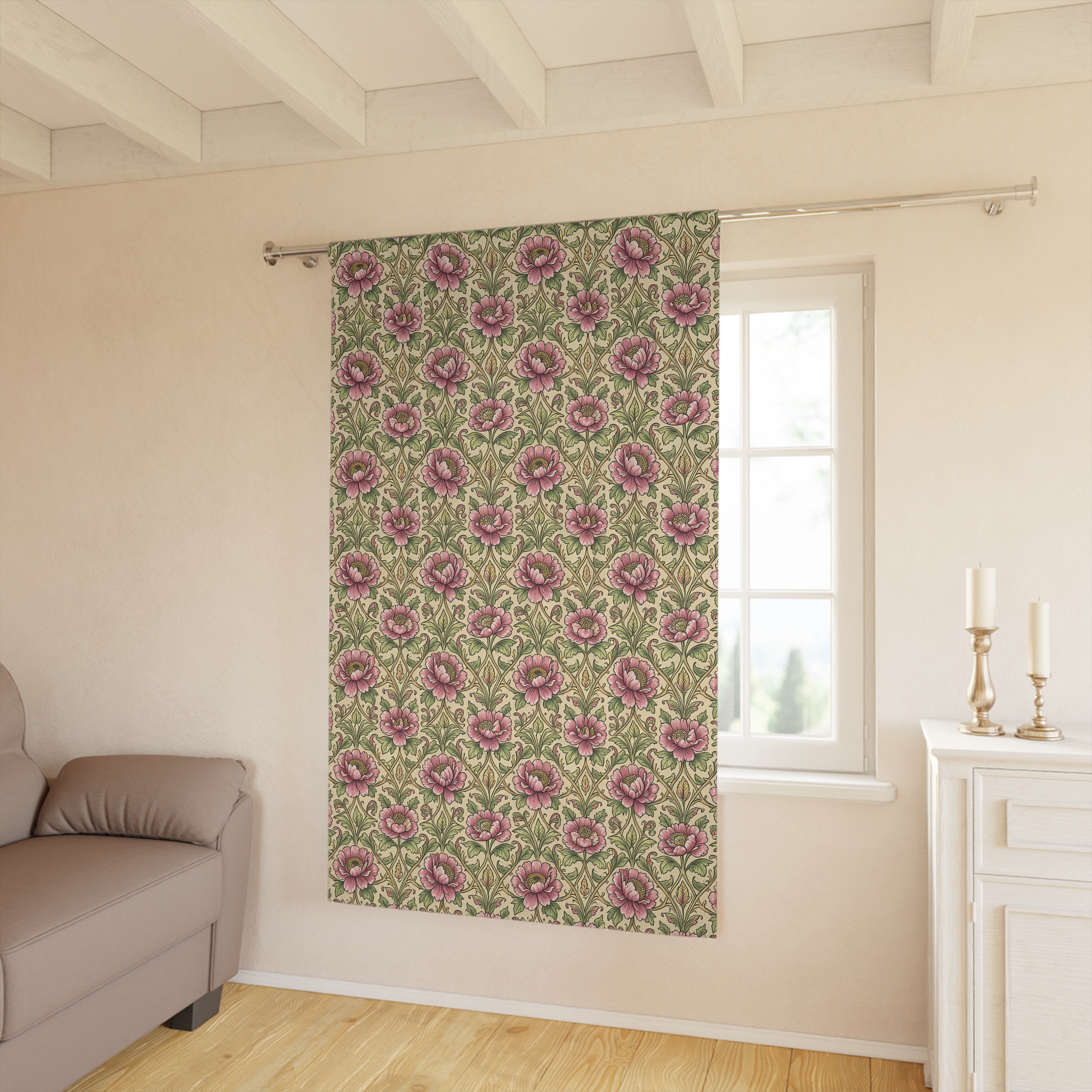 Floral Curtain Panel — William Morris Inspired Vintage Pink Peony Pattern Window Curtain - Image 3
