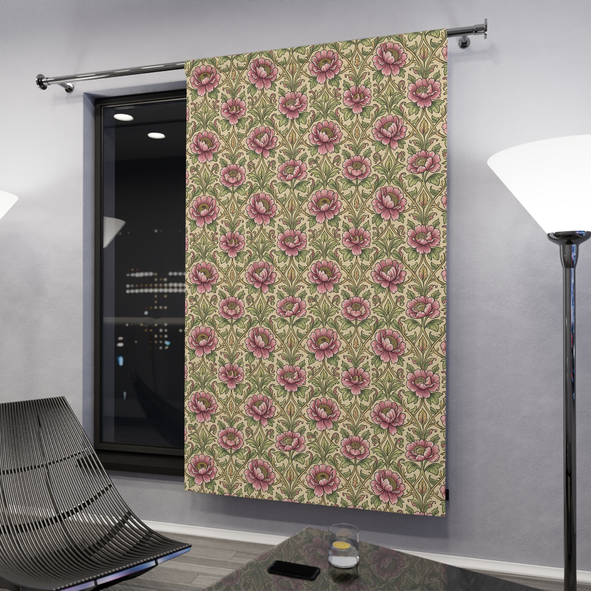 Floral Curtain Panel — William Morris Inspired Vintage Pink Peony Pattern Window Curtain - Image 5