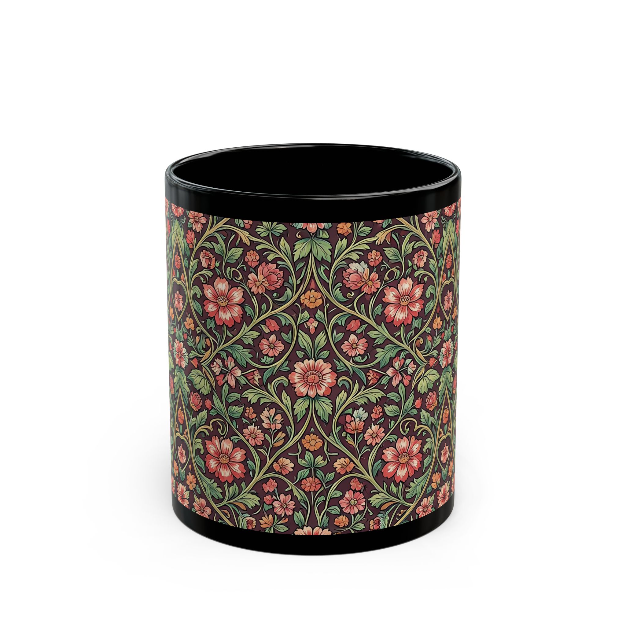 Victorian Botanical Espresso Flora Black Mug – Rich Arts & Crafts Tapestry Coffee Cup - Image 2