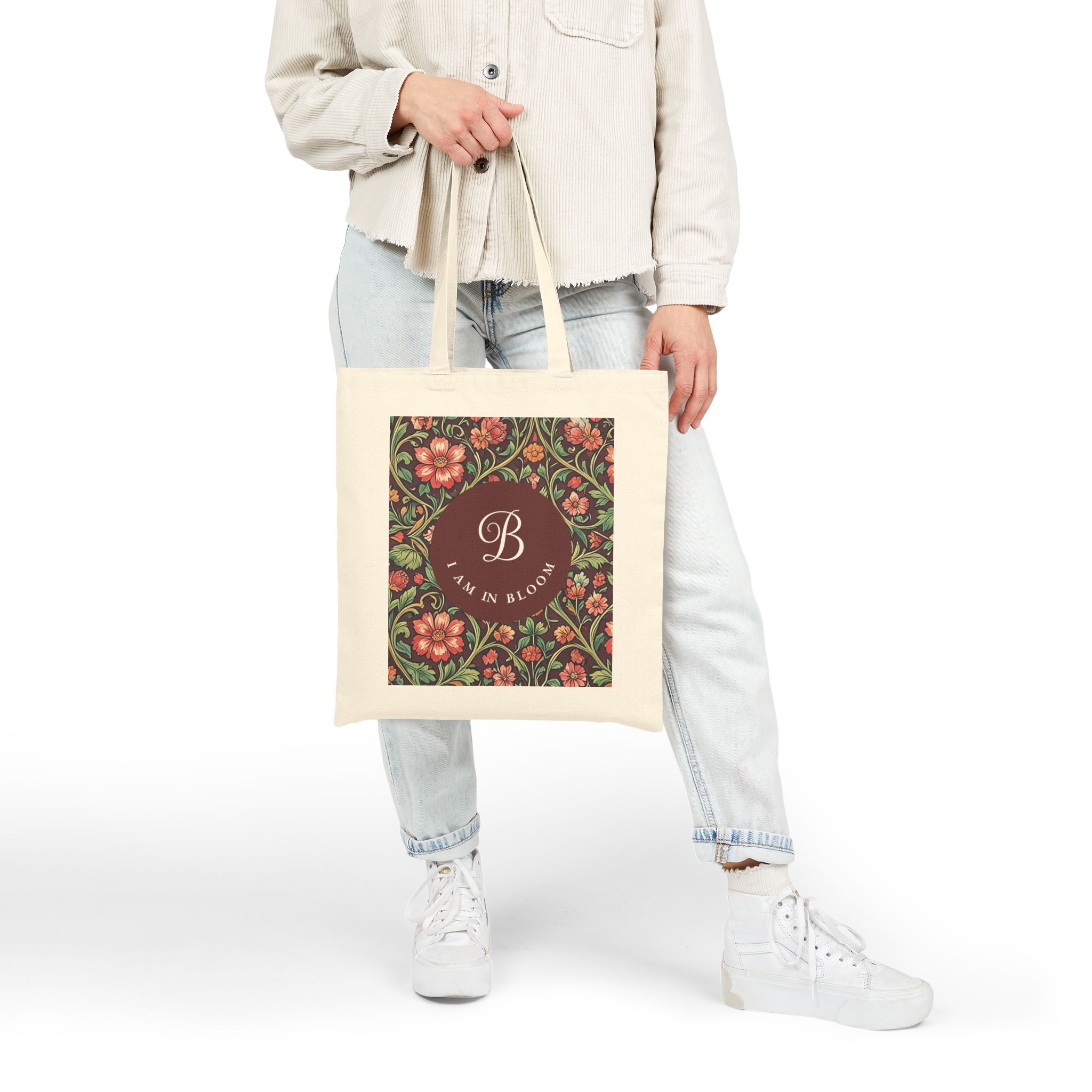 Personalized Monogram Floral Tote – Black Cotton Canvas Espresso Flora Botanical Bag - Image 5