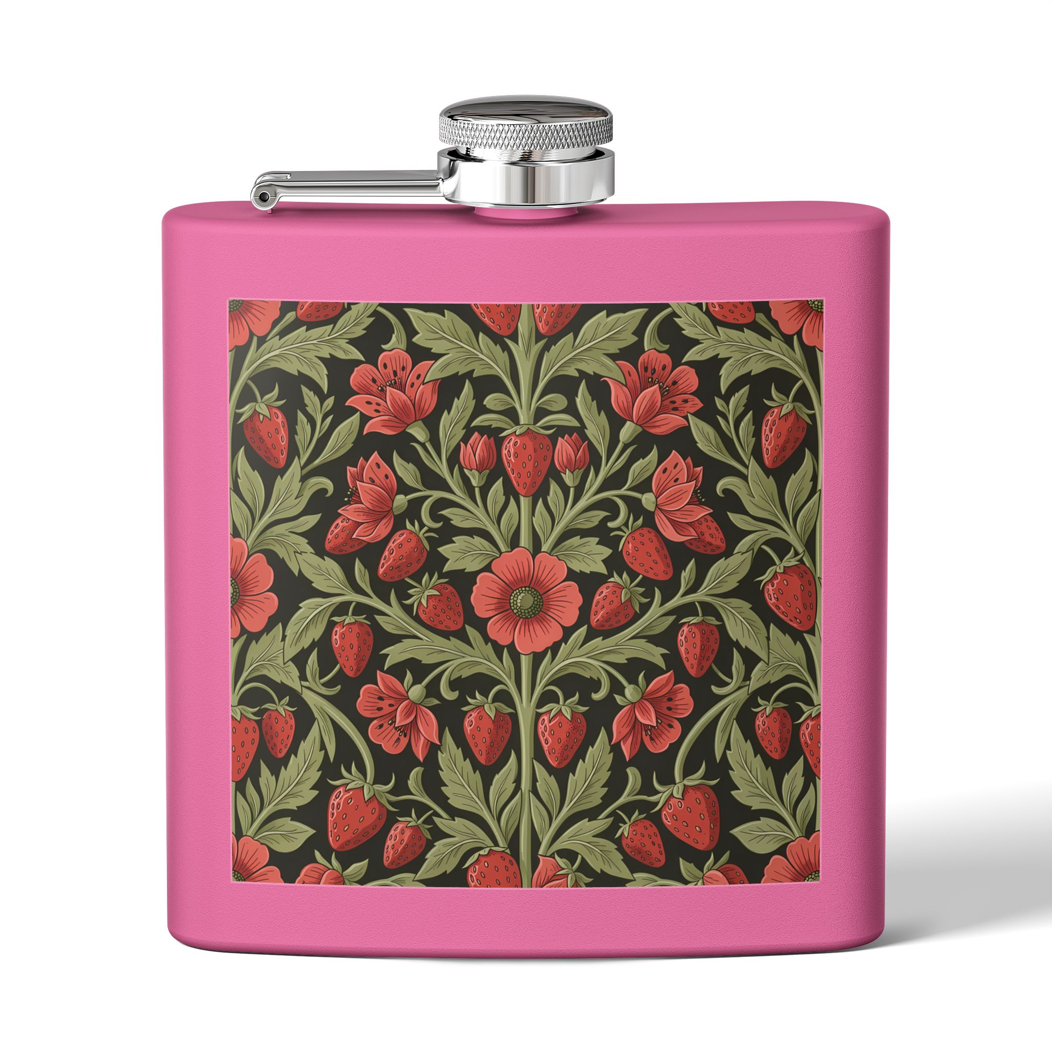 Vintage Floral Strawberry Pattern Flask — Matte Red Wild Strawberry & Sage Stainless Steel Pocket Flask 6oz - Image 7