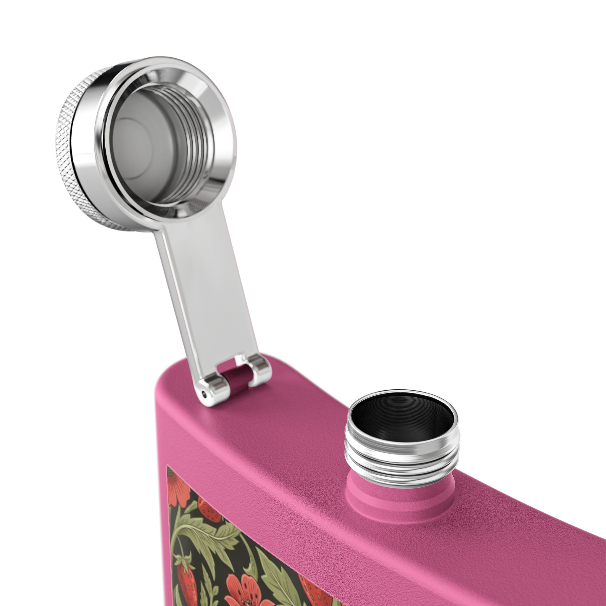 Vintage Floral Strawberry Pattern Flask — Matte Red Wild Strawberry & Sage Stainless Steel Pocket Flask 6oz - Image 9