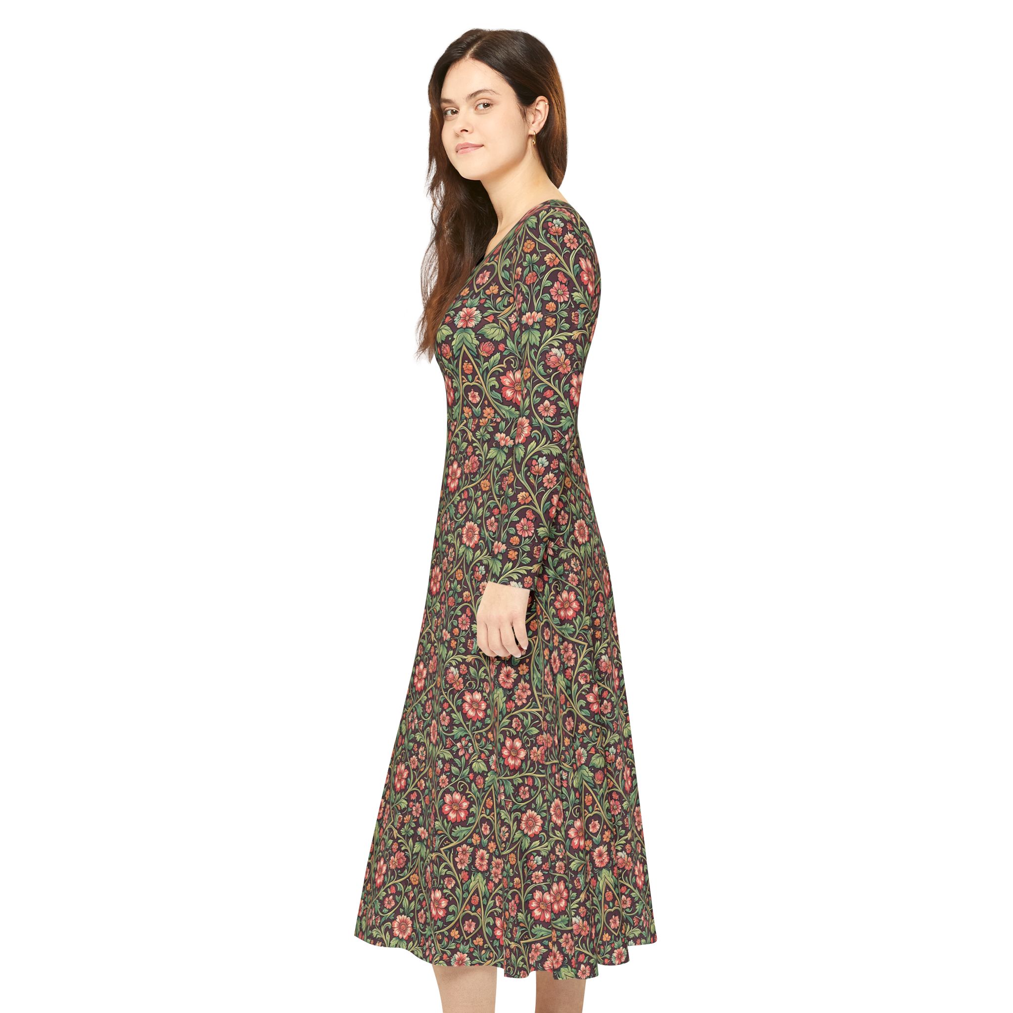 Espresso Flora A-Line Long-Sleeve Dress – Vintage Botanical Midi Dress - Image 5