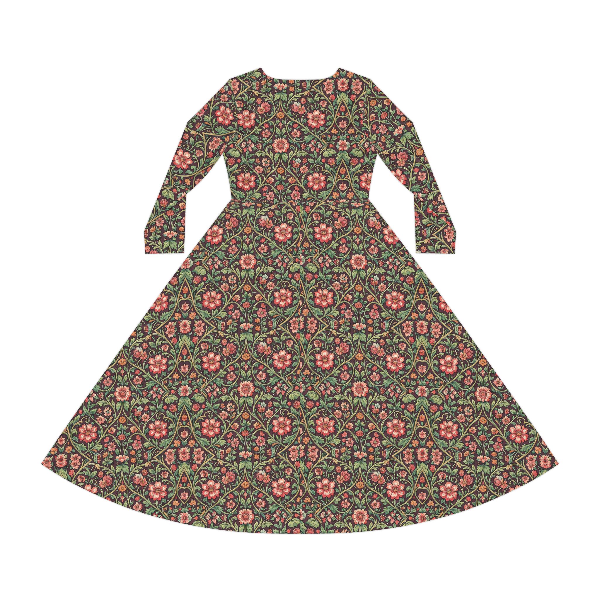 Espresso Flora A-Line Long-Sleeve Dress – Vintage Botanical Midi Dress - Image 4