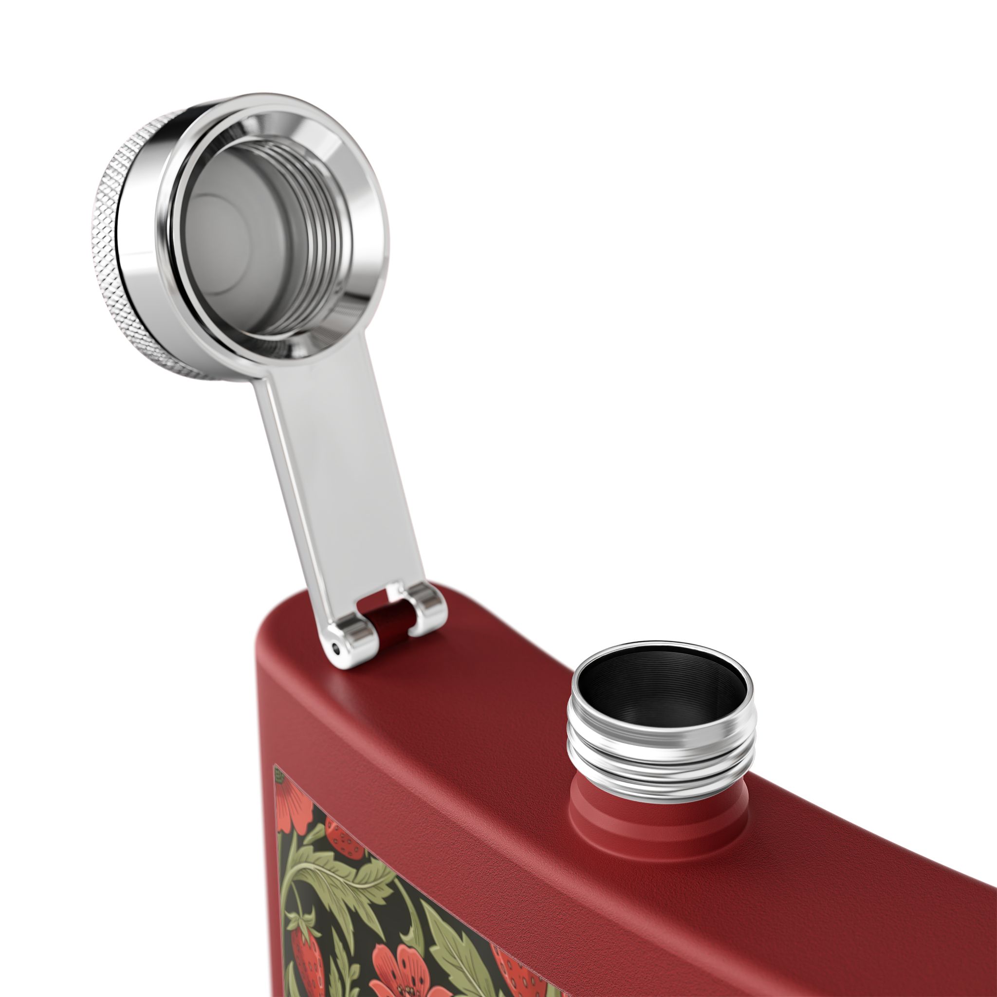 Vintage Floral Strawberry Pattern Flask — Matte Red Wild Strawberry & Sage Stainless Steel Pocket Flask 6oz - Image 5