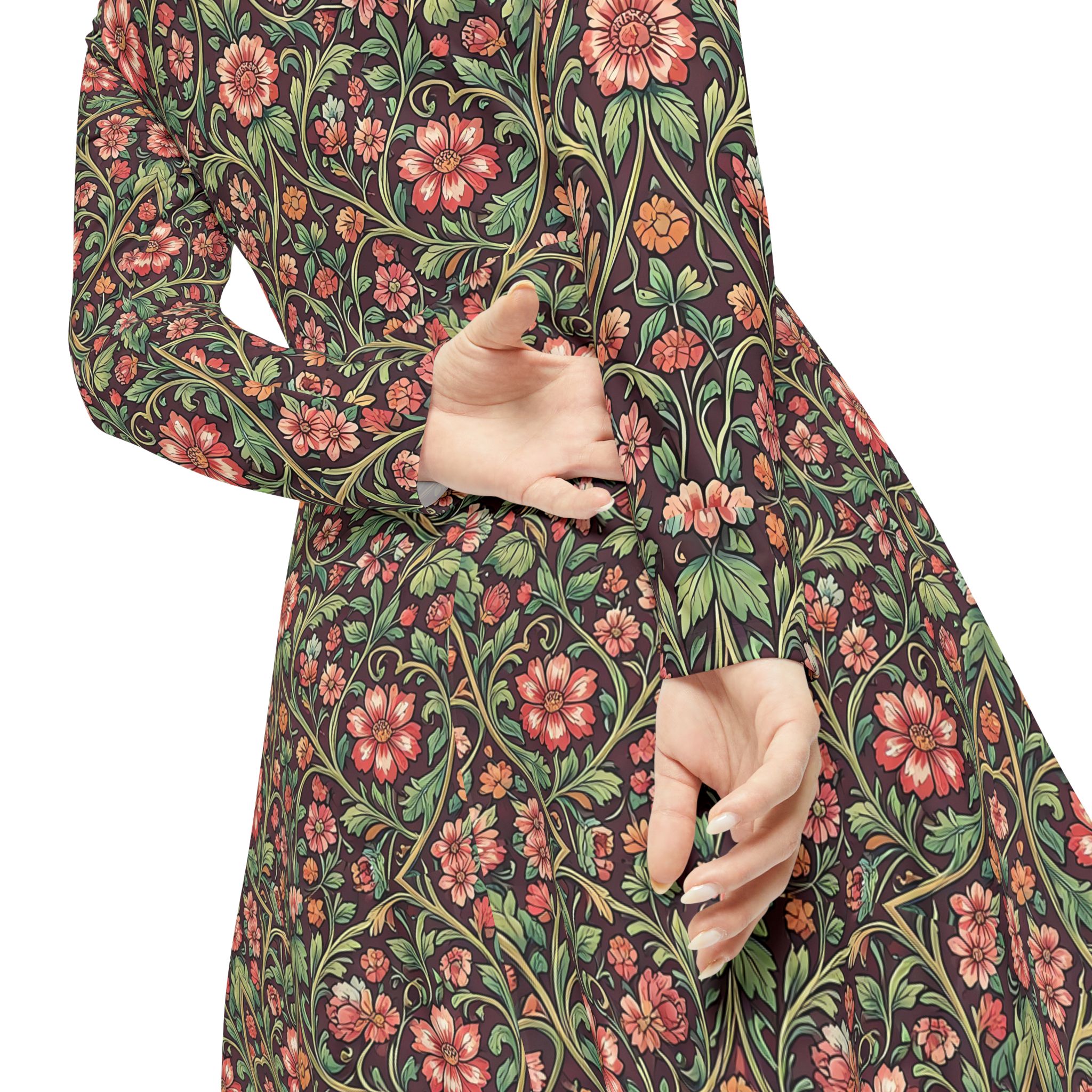 Espresso Flora A-Line Long-Sleeve Dress – Vintage Botanical Midi Dress - Image 2