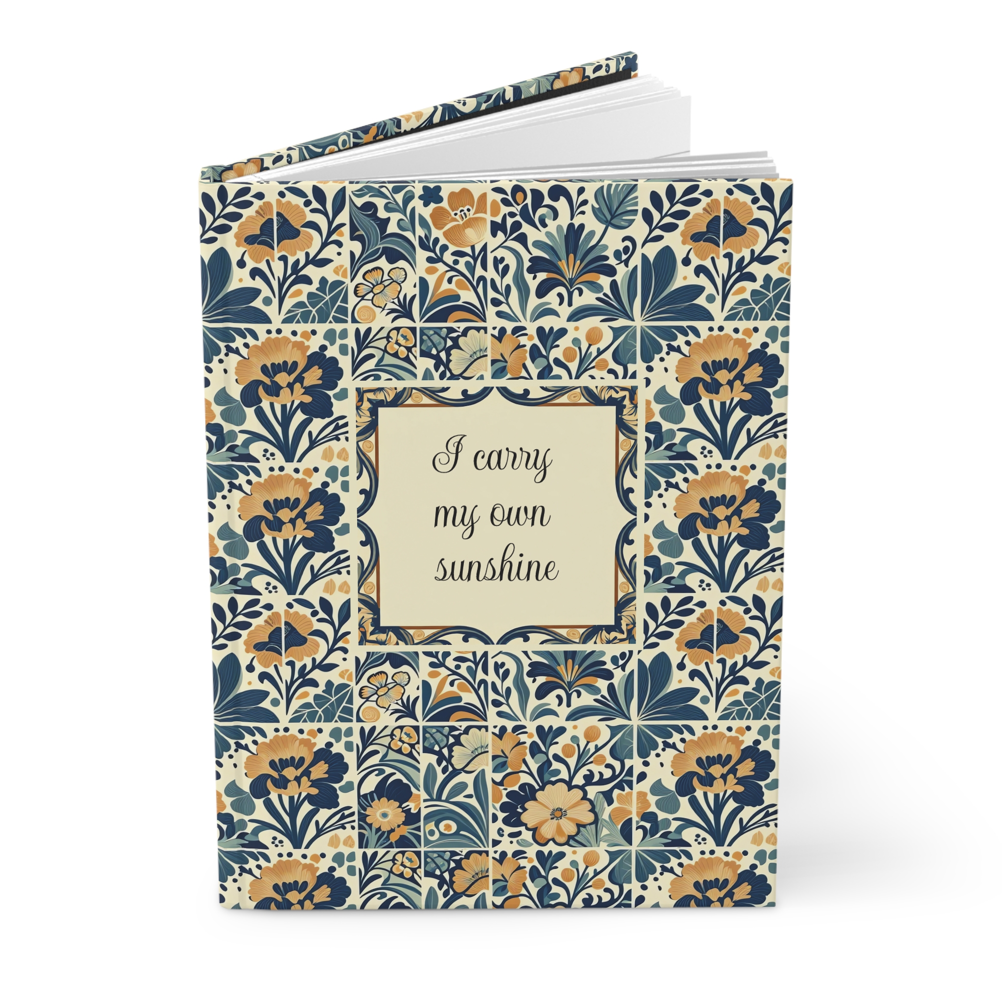 Matte Hardcover Diary with Quote "I Carry My Own Sunshine" — Cobalt & Honey Botanical Tile Notebook - Image 4