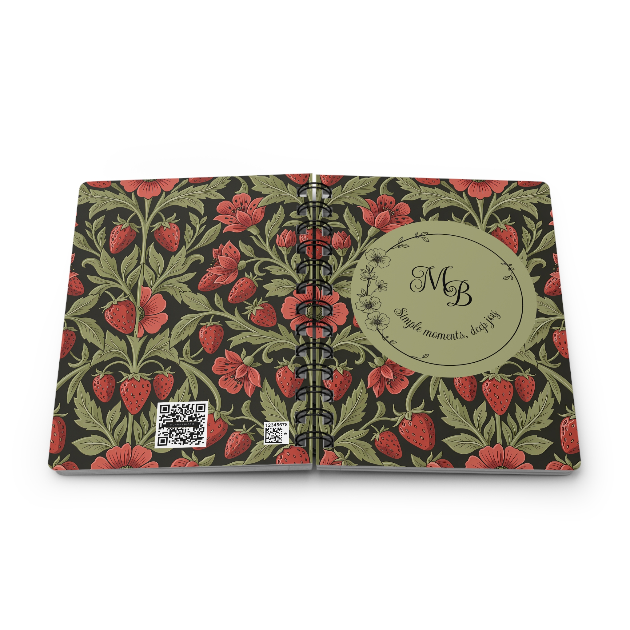 Strawberry Floral Spiral Journal — Personalized Monogram Wild Strawberry & Sage Wire-Bound Notebook - Image 6