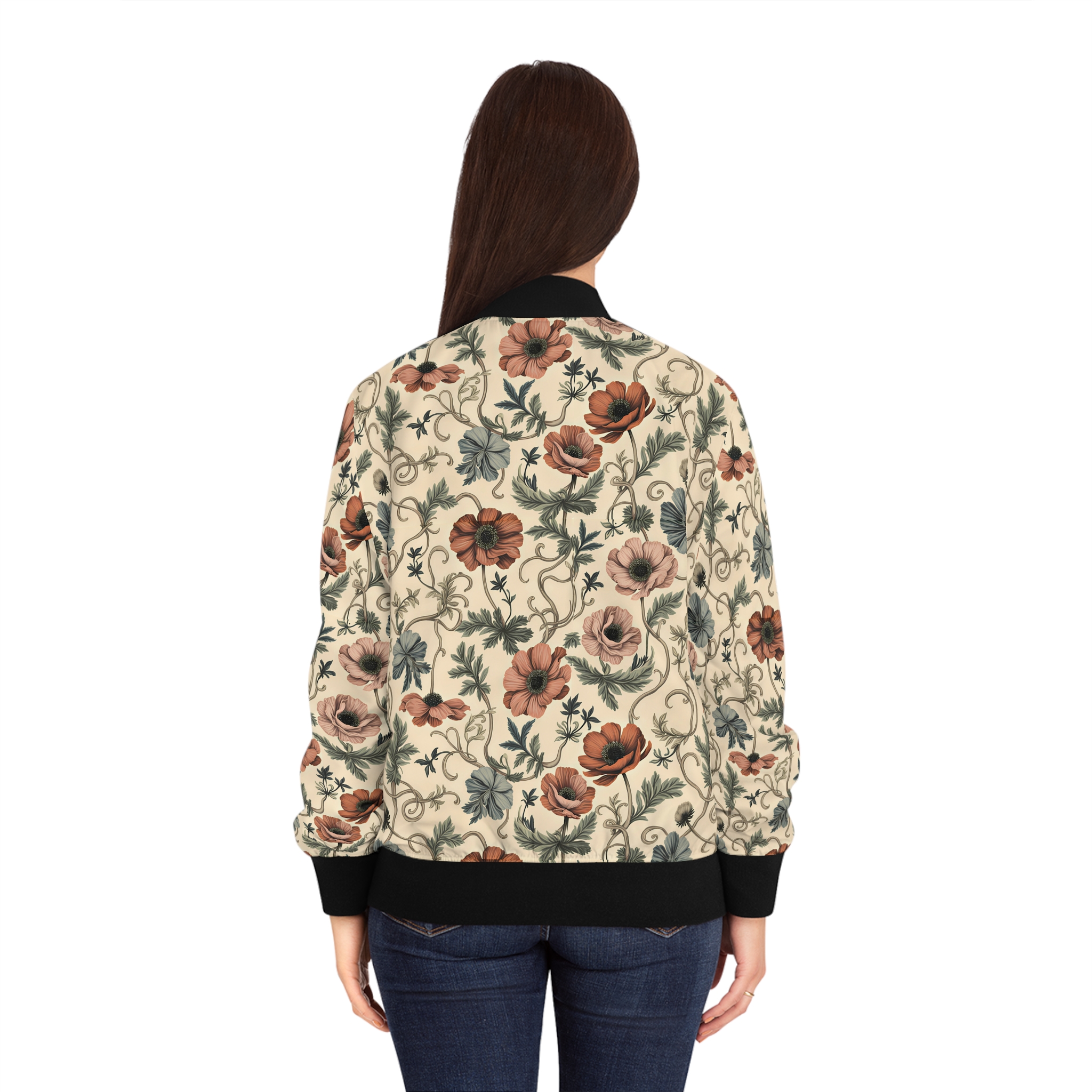 Vintage Floral Botanical Bomber Jacket — Women's All-Over Print Earthy Anemone Zip-Up Outerwear - Image 5