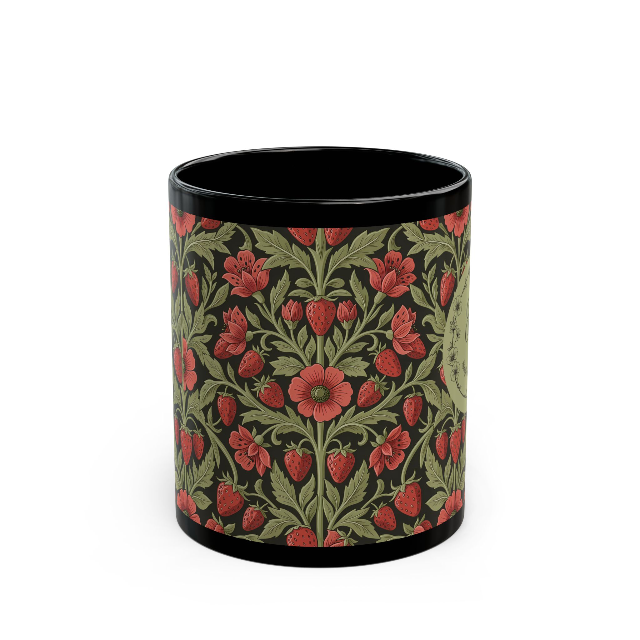 Floral Monogram Black Mug — Personalized Wild Strawberry & Sage Pattern Ceramic Mug (11oz, 15oz) - Image 3
