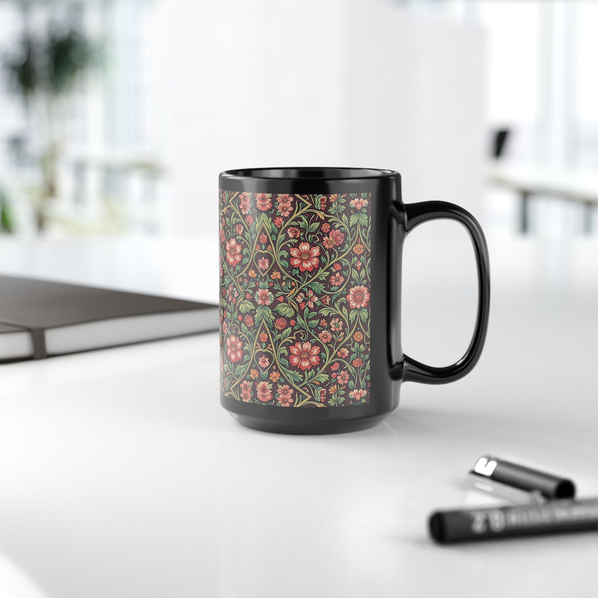 Victorian Botanical Espresso Flora Black Mug – Rich Arts & Crafts Tapestry Coffee Cup - Image 11