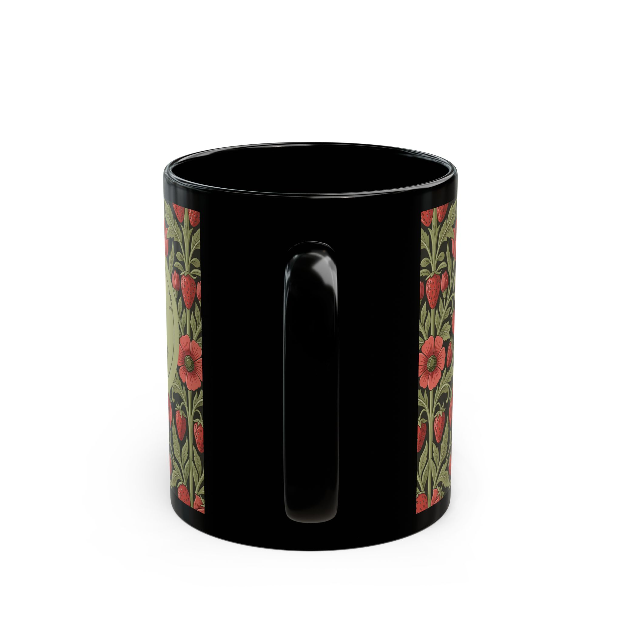 Floral Monogram Black Mug — Personalized Wild Strawberry & Sage Pattern Ceramic Mug (11oz, 15oz) - Image 5