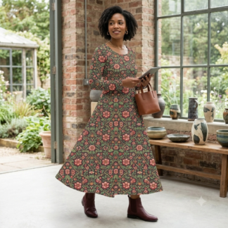 Espresso Flora A-Line Long-Sleeve Dress – Vintage Botanical Midi Dress