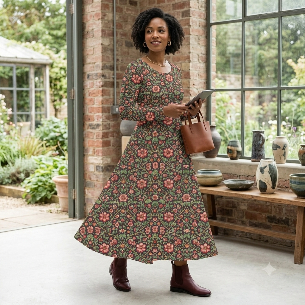 Espresso Flora A-Line Long-Sleeve Dress – Vintage Botanical Midi Dress