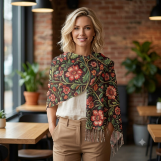 Vintage Floral Fringe Wrap – Espresso Flora Lightweight Scarf
