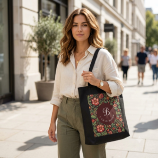Personalized Monogram Floral Tote – Black Cotton Canvas Espresso Flora Botanical Bag