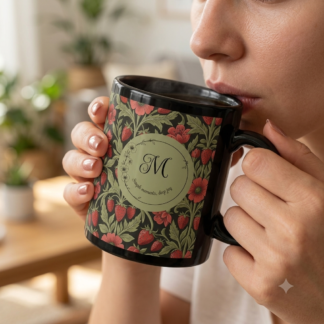 Floral Monogram Black Mug — Personalized Wild Strawberry & Sage Pattern Ceramic Mug (11oz, 15oz)
