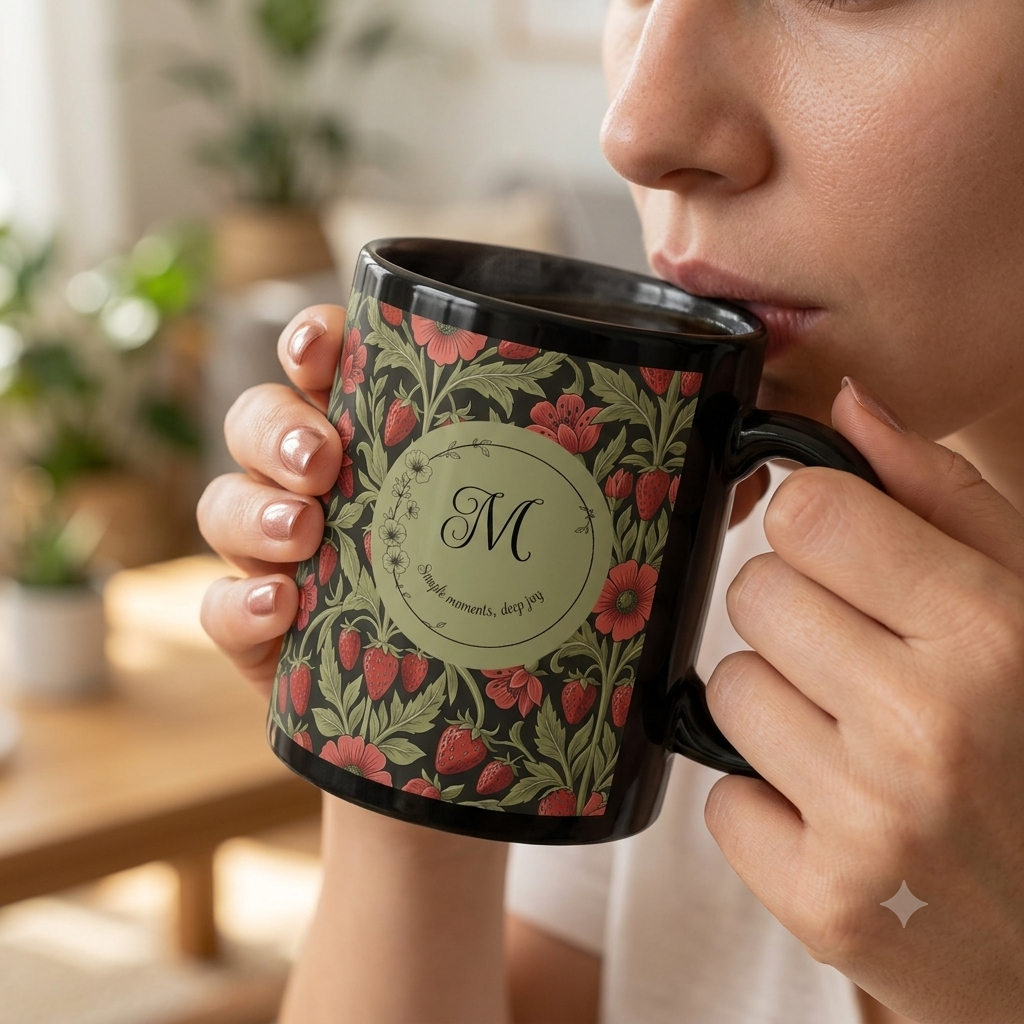 Floral Monogram Black Mug — Personalized Wild Strawberry & Sage Pattern Ceramic Mug (11oz, 15oz)