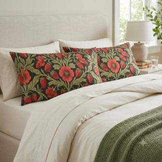 Vintage Cotton Pillow Sham — Arts & Crafts Botanical Wild Strawberry and Sage Premium Cotton Cushion Cover