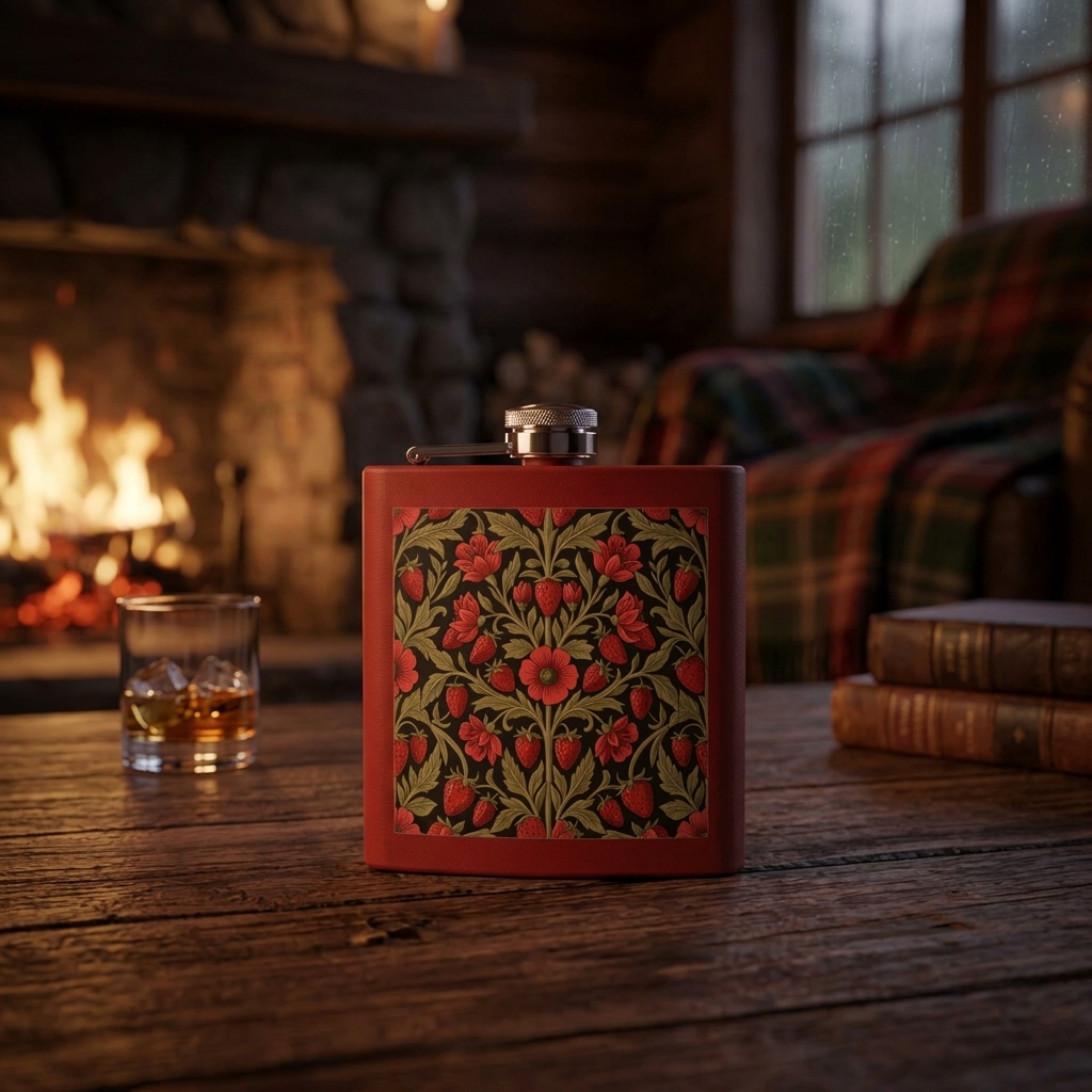 Vintage Floral Strawberry Pattern Flask — Matte Red Wild Strawberry & Sage Stainless Steel Pocket Flask 6oz