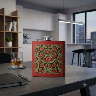 vintage floral strawberry pattern flask — matte red wild strawberry & sage stainless steel pocket flask 6oz