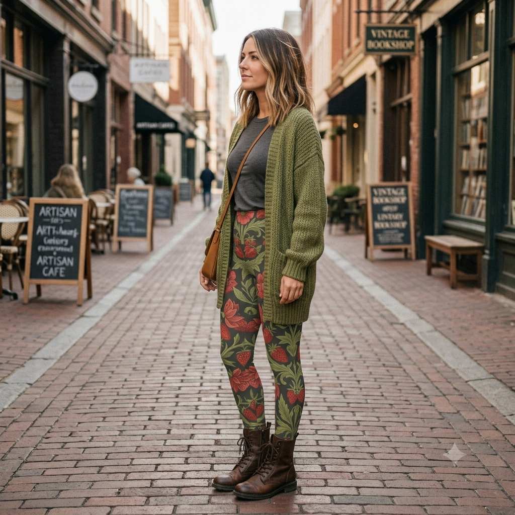 Wild Strawberry & Sage High-Waisted Leggings – Vintage Arts & Crafts Botanical All-Over Print Yoga Pants