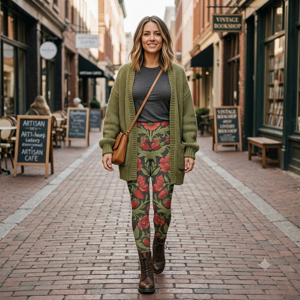 Wild Strawberry & Sage High-Waisted Leggings – Vintage Arts & Crafts Botanical All-Over Print Yoga Pants - Image 2